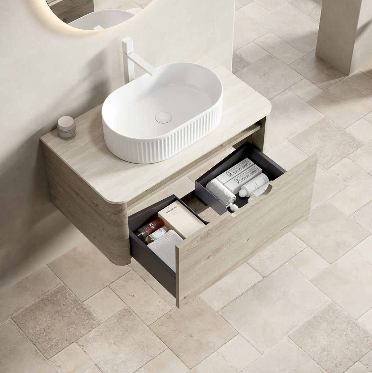 WASCHTISCHKOMBI 80 cm mit Aufsatzbecken und Soft-Close-Schublade in Eichenoptik - Creme, Keramik (80/50.2/46cm) - BEAOK