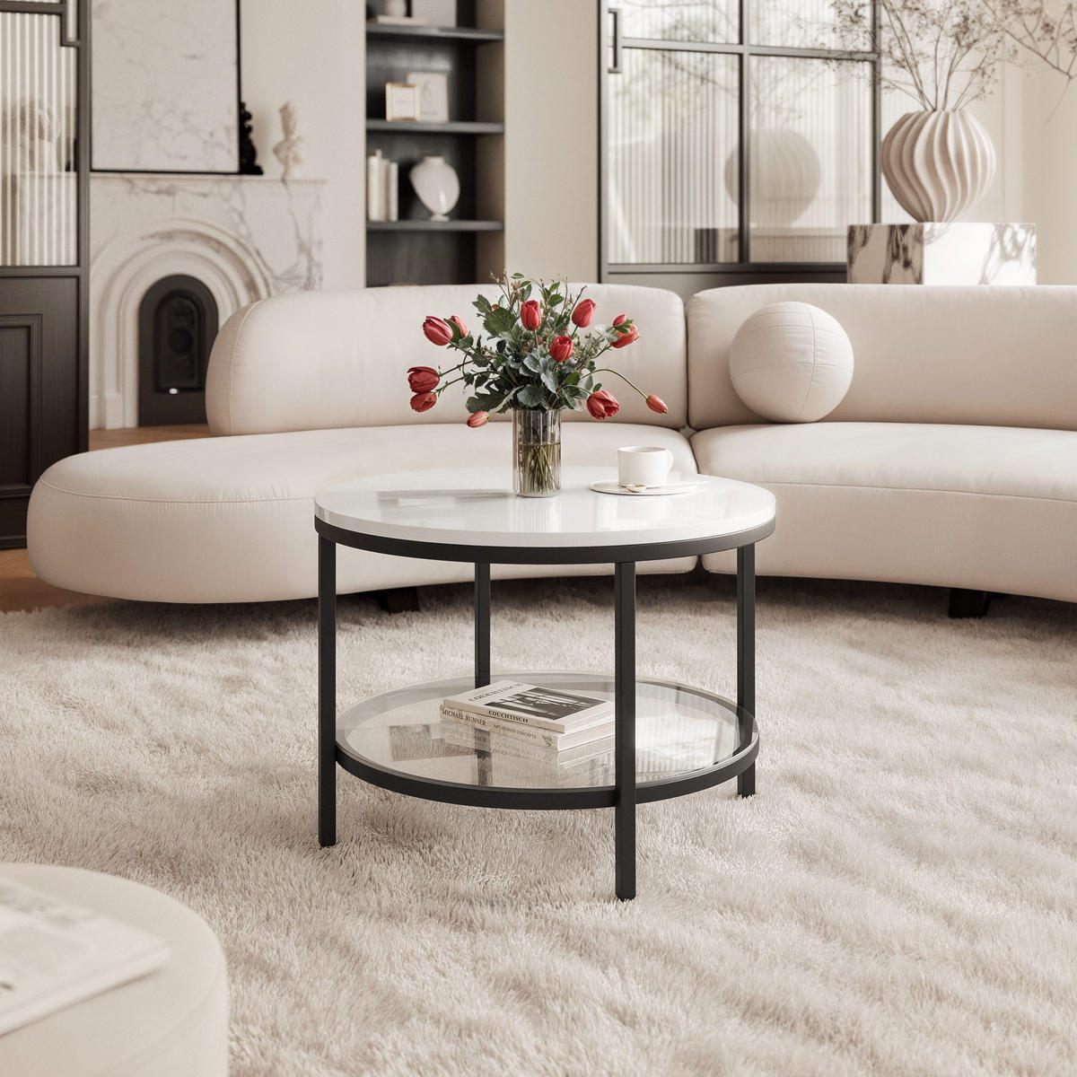 COUCHTISCH CANDY 60/42 cm runden, Schwarz / Weiß Hochglanz - Weiß Hochglanz/Schwarz, Metall (60/60/42cm) - Idohome
