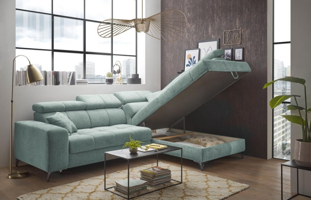 ECKSOFA mit Schlaffunktion und Bettkasten, Luxus-Mikrofaser - Blau/Schwarz, Textil/Metall (198/282cm) - ed exciting design