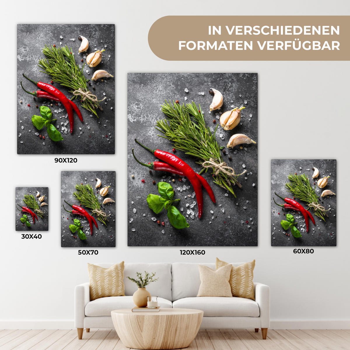 LEINWANDBILD Pfeffer - Kräuter - Gewürze - Beton 60x80 cm - Dunkelgrau, Textil (60/80cm) - MuchoWow