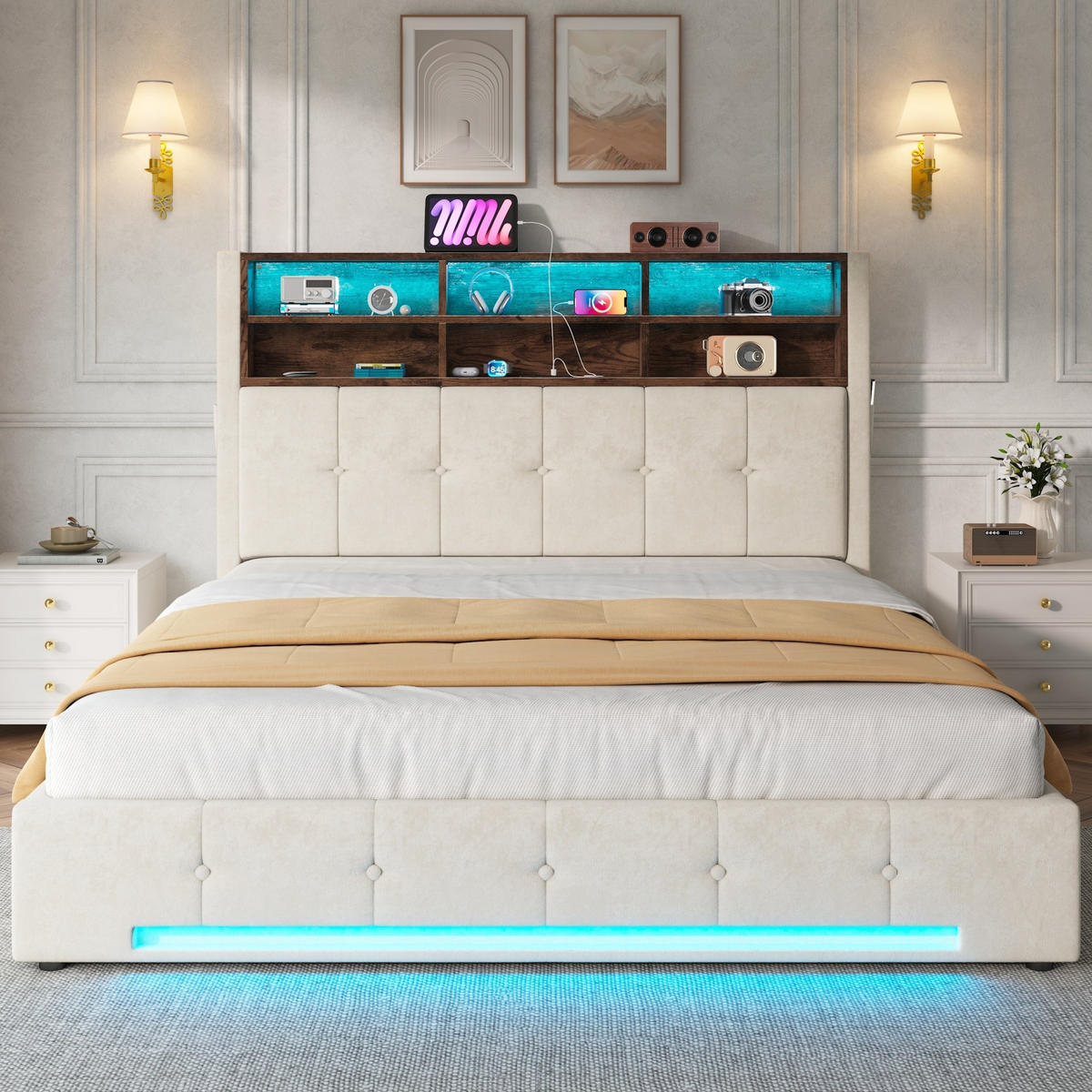 POSTEL 180/200 cm s LED osvětlením, USB-C, hydraulickým úložným prostorem a sametovým čelem s policemi, Béžová - béžová, kov (180/200cm) - Redom