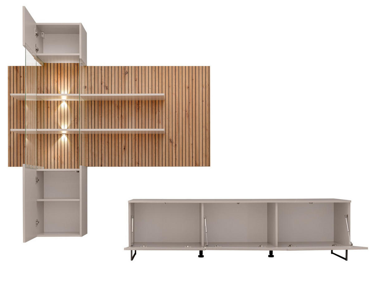 WOHNWAND Sand matt, Eiche Artisan 280 cm, Schrankwand inklusive LED Beleuchtung - Sandfarben/Schwarz, Holzwerkstoff/Kunststoff (280/200/45cm) - Furn.Design