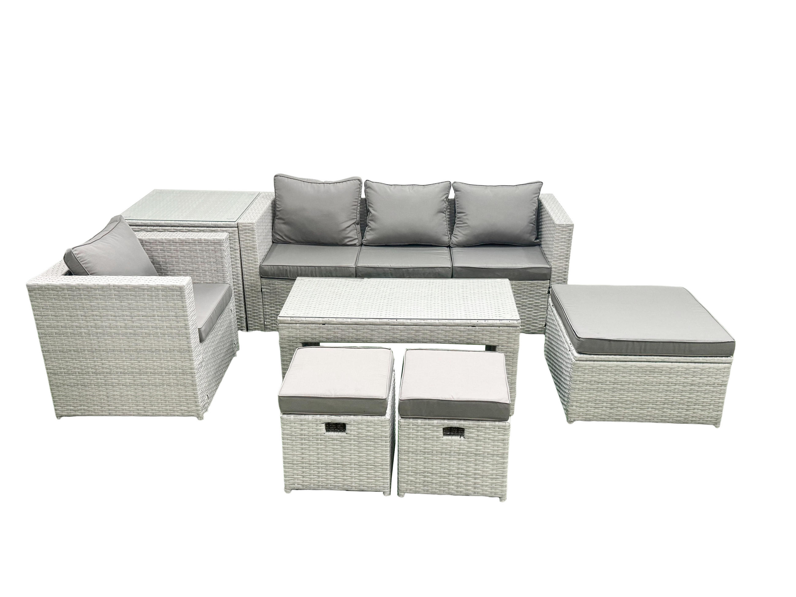 BALKONMÖBEL-SET Polyrattan Hellgrau-Mix 7-teilig - Hellgrau/Grau, Glas/Kunststoff - Fimous