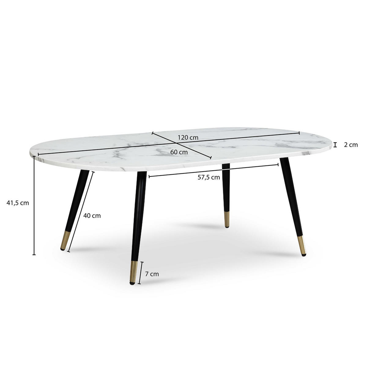 COUCHTISCH oval in Marmor-Optik – mit Metallgestell im modernen Design, Weiß 120x60x42 cm - Goldfarben/Weiß, Holzwerkstoff/Metall (60/120/42cm) - KADIMA DESIGN