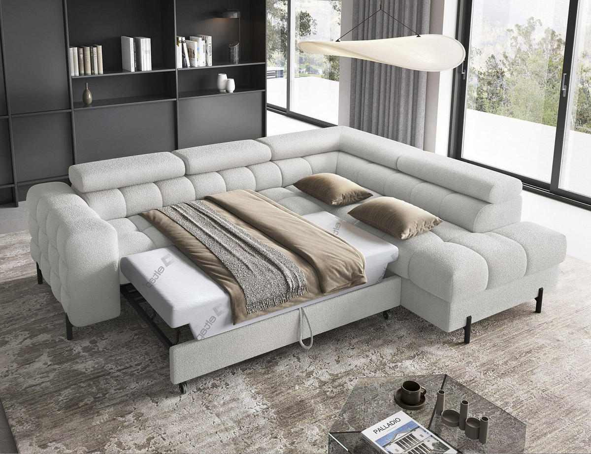 WOHNLANDSCHAFT FERUCCE Ecksofa L-Form – Polsterecke mit Schlaffunktion, Bettkasten & verstellbaren Kopfstützen 276 cm - Hellgrau, Kunststoff (276/200cm) - Wohnideebilder