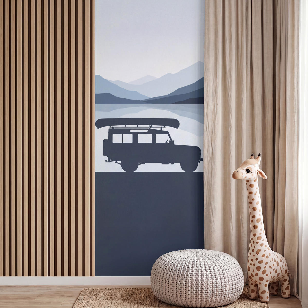 KINDERTAPETE - Auto - See - Berge - Blau - 100x300 cm - Blaugrau, Papier (100/300cm) - OnlyWow