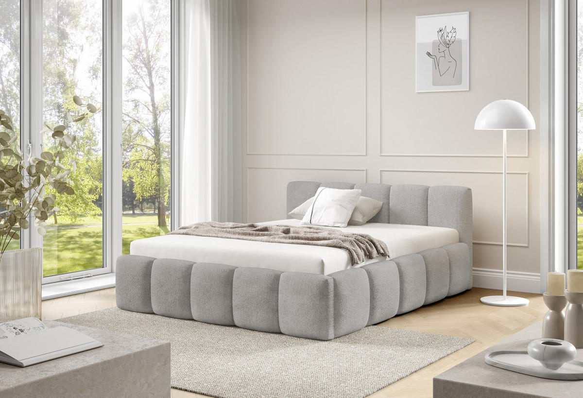 POLSTERBETT QUATTRO, 180x200 cm, Doppelbett mit Bettkasten, Boucle Stoff, Frabe: Hellgrau - Hellgrau, Holz/Textil (180/200cm)