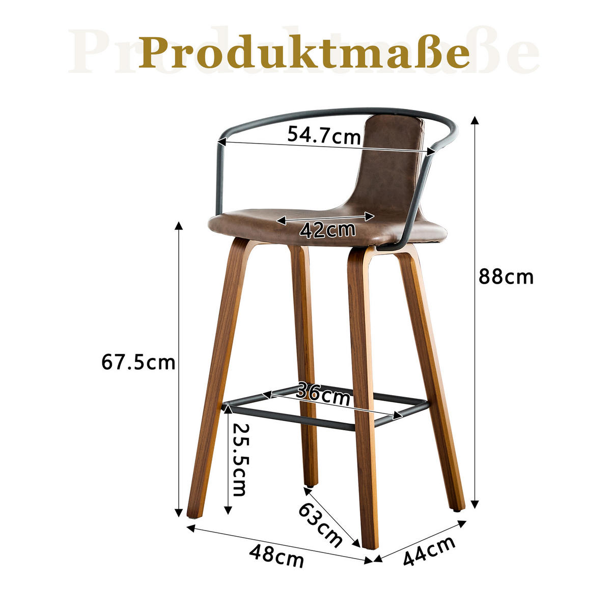 BARHOCKER Braun 2er-Set mit Armlehne und Holzbeinen - Braun, Holz (54.7/88/44cm) - PANGIVO