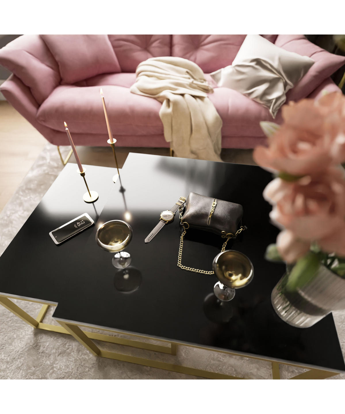 COUCHTISCH YOSHI 2in1 70/70/46 cm Gold matt / Schwarz hochglanz - Schwarz, Holzwerkstoff/Metall (70/70/46cm) - Lookway