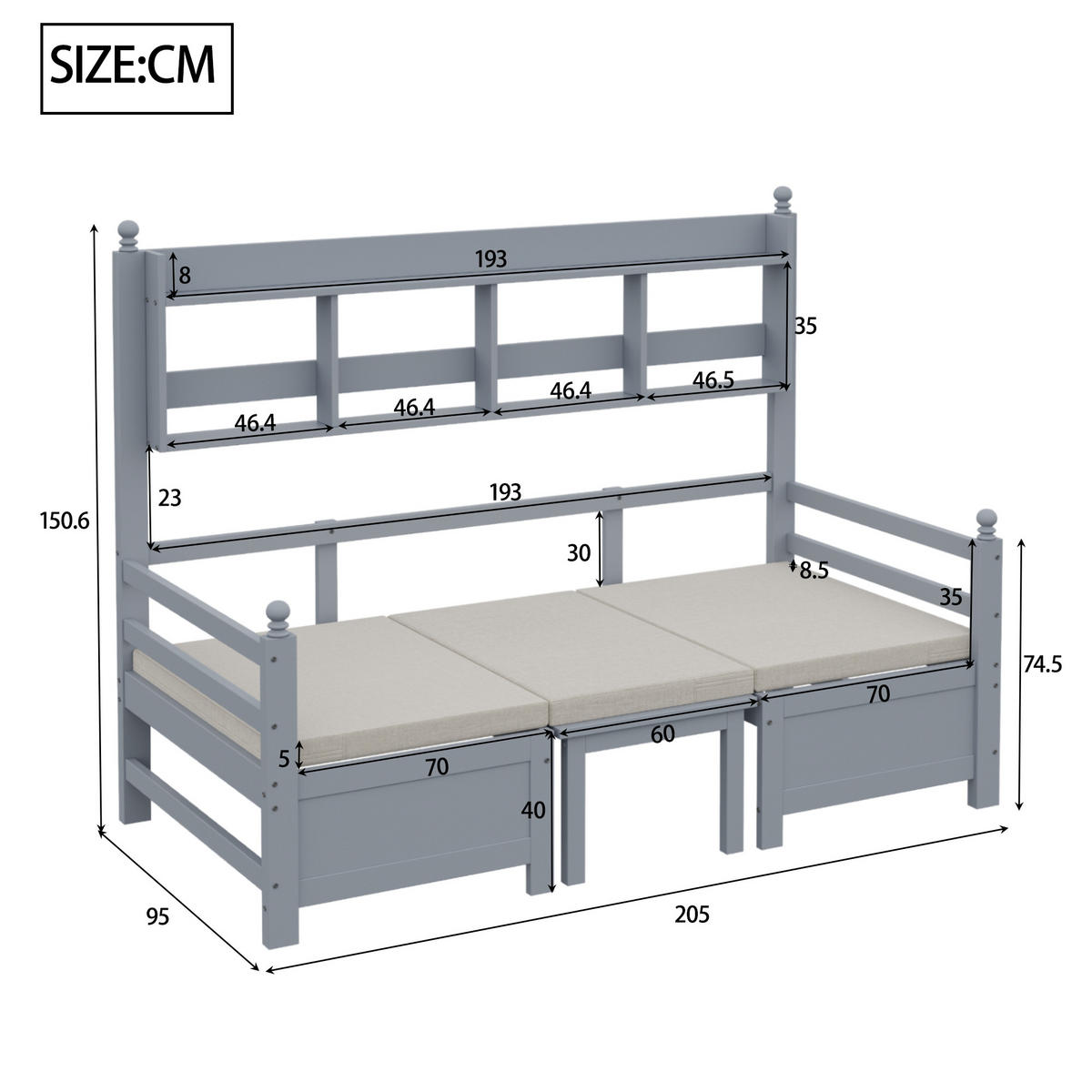 SITZBANK‑SET mit Tisch und integriertem Bücherregal 90/200 cm grau Holz - Grau, Holz (205/150.6/95cm) - OKWISH