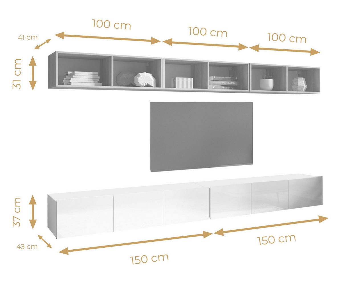 WOHNWAND Kossana 33 Modern Goldene Eiche/Schwarz 300/68/43 cm Stauraumwunder - Schwarz, Holzwerkstoff/Kunststoff (300/68/43cm) - AX Living