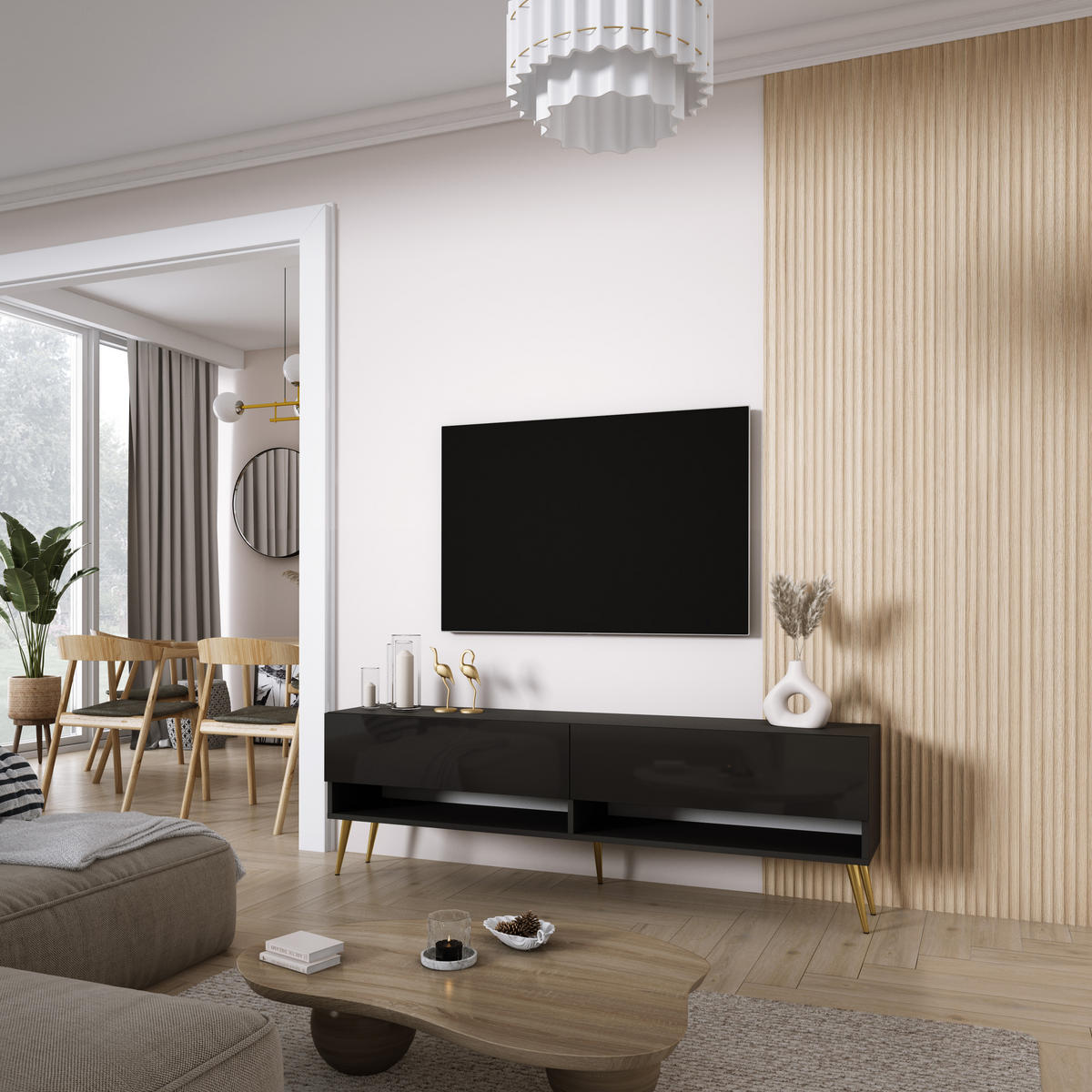 TV-LOWBOARD 170 cm Mattschwarz / Hochglanzschwarz, goldene schräge Beine, 170 × 32 × 52 cm - Schwarz, Holzwerkstoff (170/52/32cm) - 3XE LIVING
