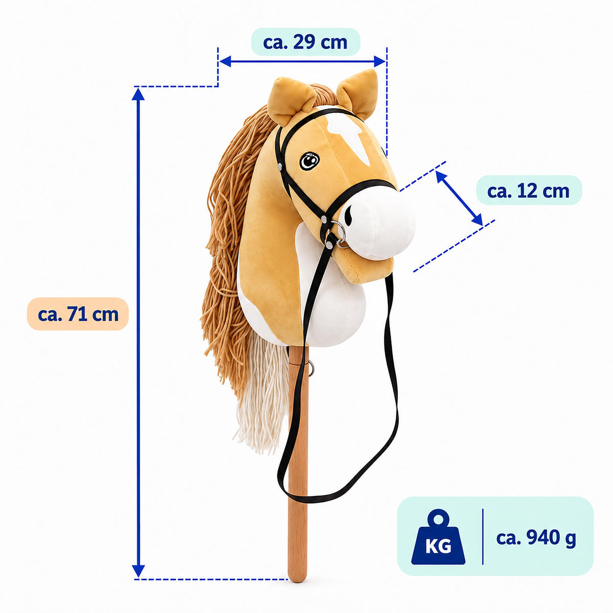 KONÍK Světle hnědý plyšový 71 cm s odnímatelnou bukovou tyčí - světle hnědá, dřevo/textil (12/71/29cm) - Relaxdays