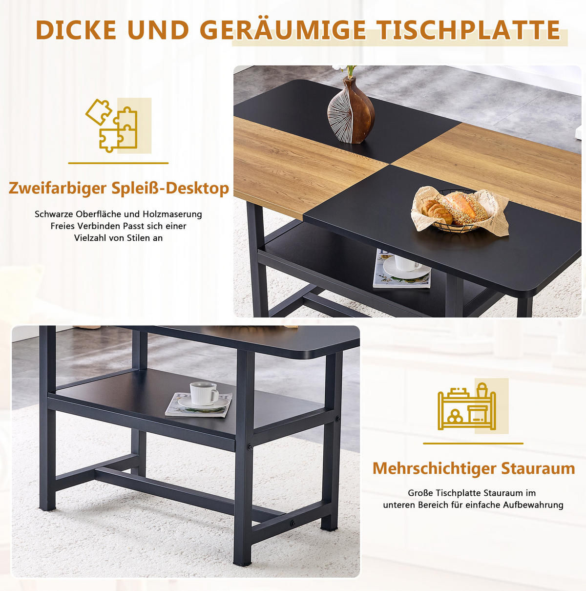 ESSTISCH aus MDF und Metall 160x90x76 cm Braun/Schwarz mit Ablagefach im Industriedesign - Schwarz, Holzwerkstoff (160/90/76cm) - Modfu