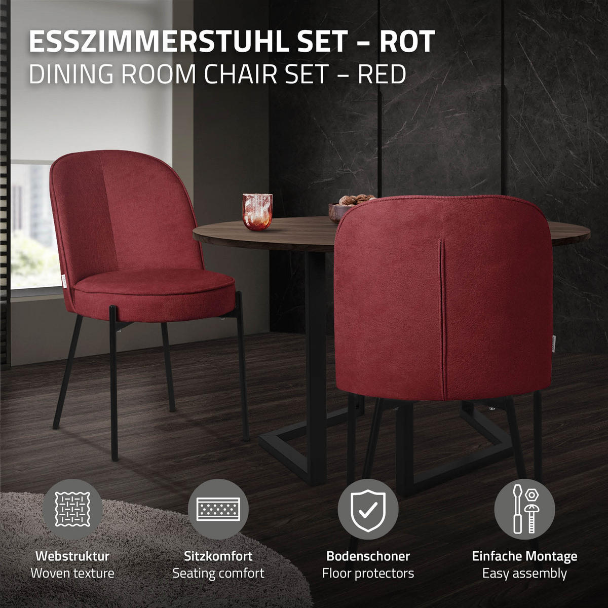 ESSZIMMERSTUHL 2er Set Rot mit Stoffbezug - Rot/Schwarz, Textil/Metall (50/83/63cm) - ML-DESIGN