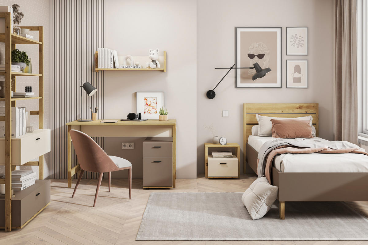 KINDER-WANDREGAL TRIDA mit Holzelementen, creme/braun/artisan Eiche - Creme/Braun, Holz (90/27/20cm) - KONSIMO®