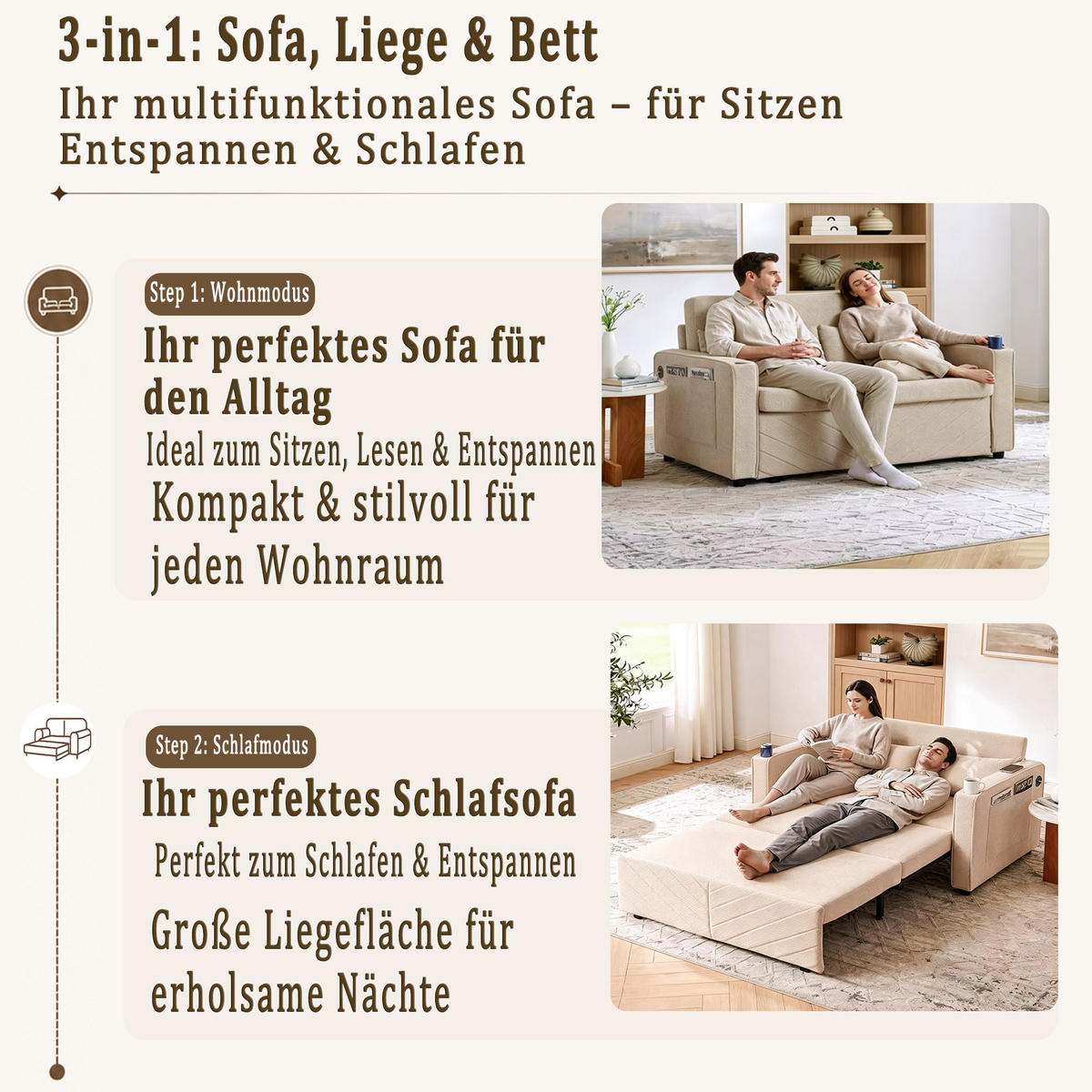 SCHLAFSOFA 134/82/73 cm Beige mit USB Charging und Aufbewahrungstasche - Beige, Textil (134/73/195cm) - Oxeza