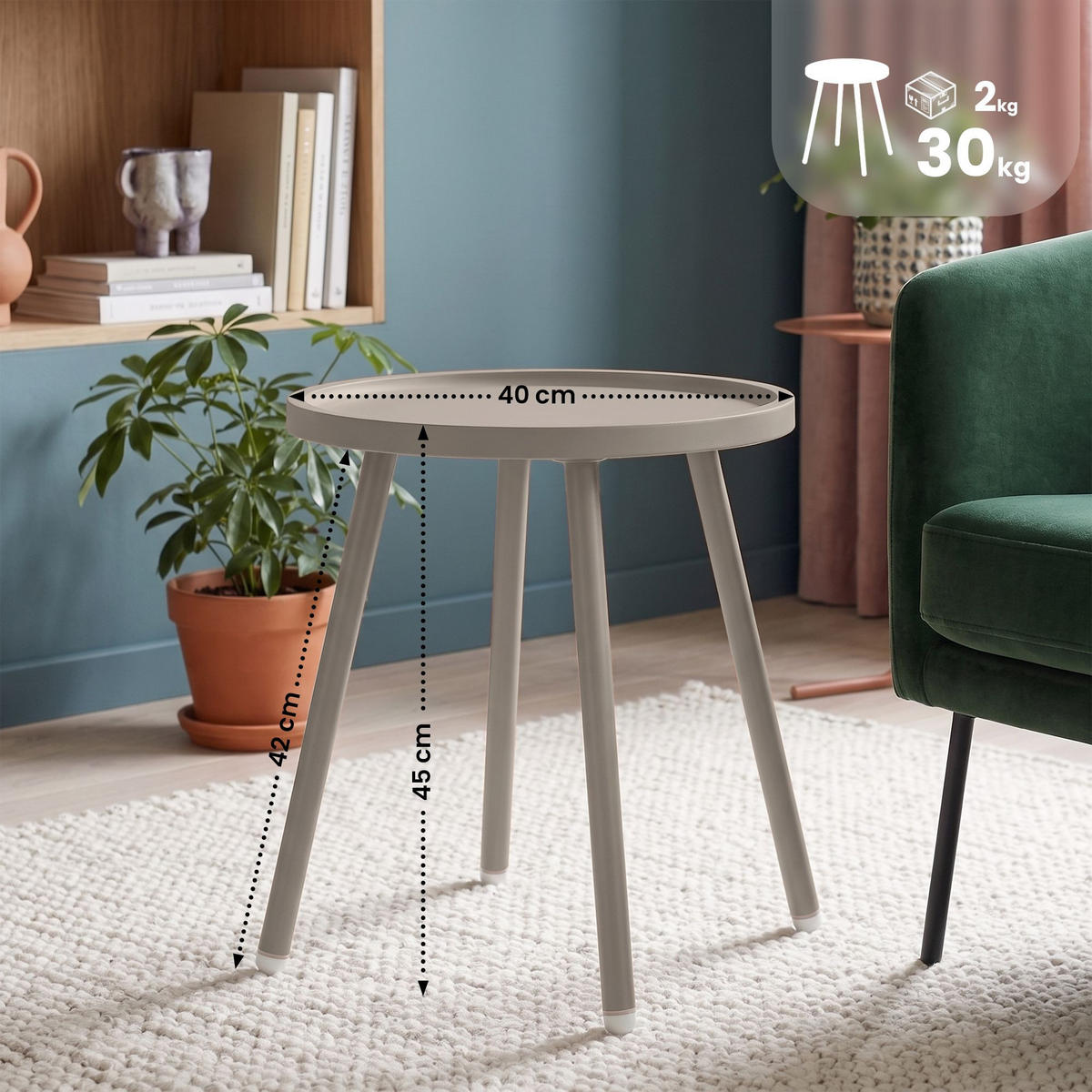 BEISTELLTISCH rund 40 cm Kunststoff Taupe - Taupe, Kunststoff/Metall (40/40/45cm) - CLP