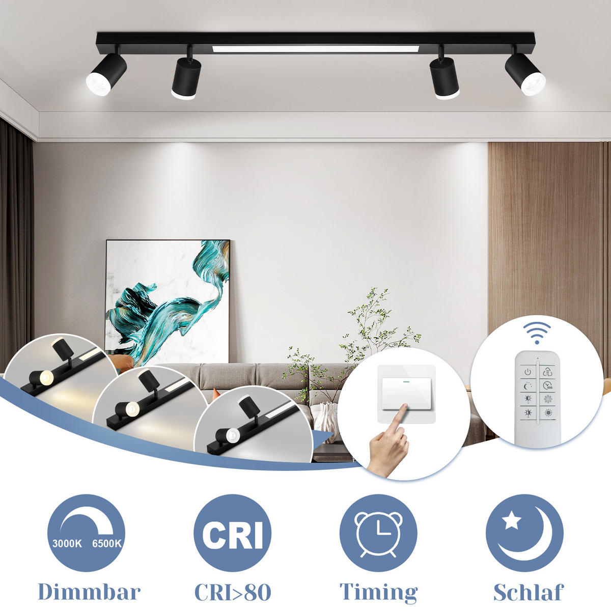 DECKENLEUCHTE Boden 4-flammig 110/5/15 cm - Schwarz, Kunststoff (110/5/15cm) - Nettlife