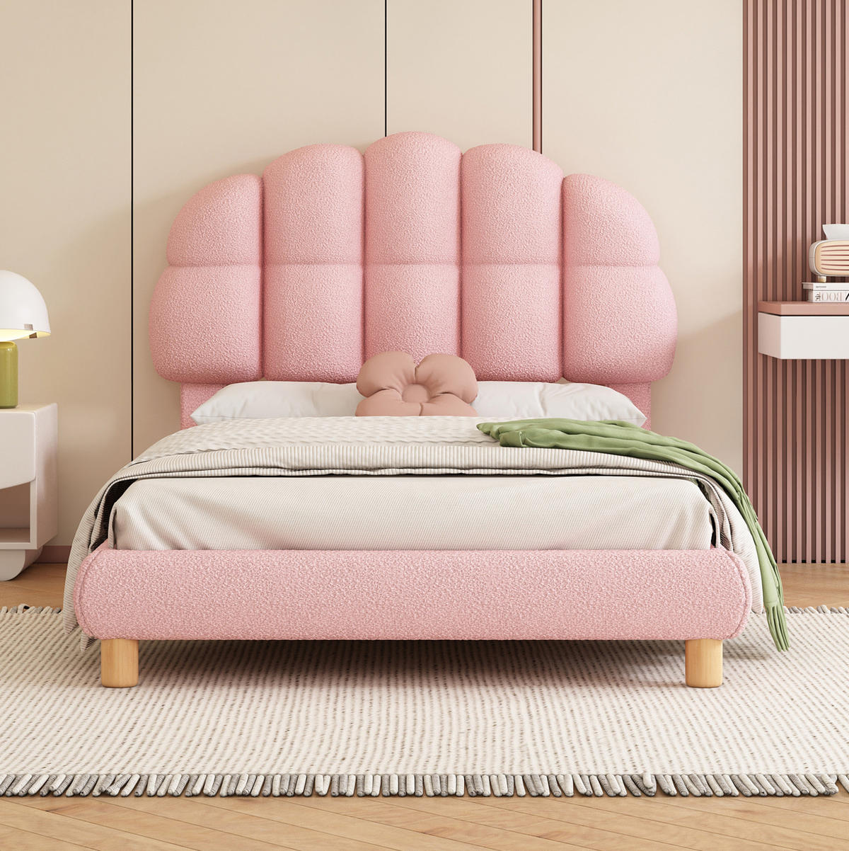 POLSTERBETT aus Bouclé 90x200 cm Rosa/Weiß mit Holzlattenrost und verstellbarem Kopfteil - Rosa, Textil (90/200cm) - Modfu