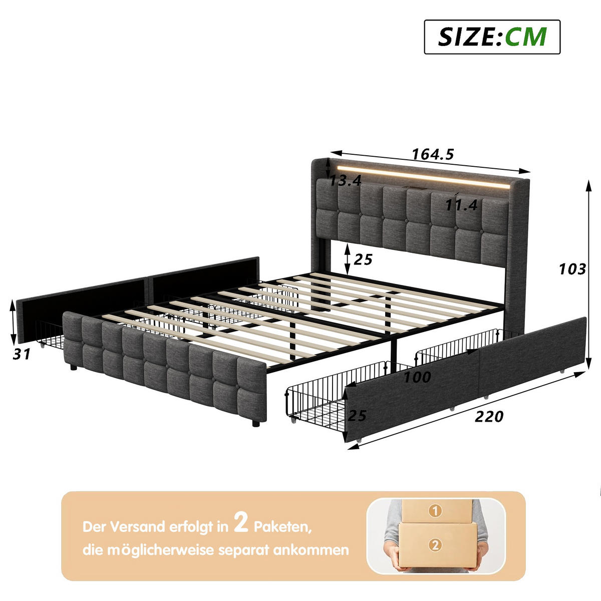 POLSTERBETT 160x200 cm Square Smart mit RGB-LED, EU-Steckdosen & USB-Ports, 4 Schubladen, Leinen-Optik, Dunkelgrau - Grau, Textil (160/200cm) - DELFA