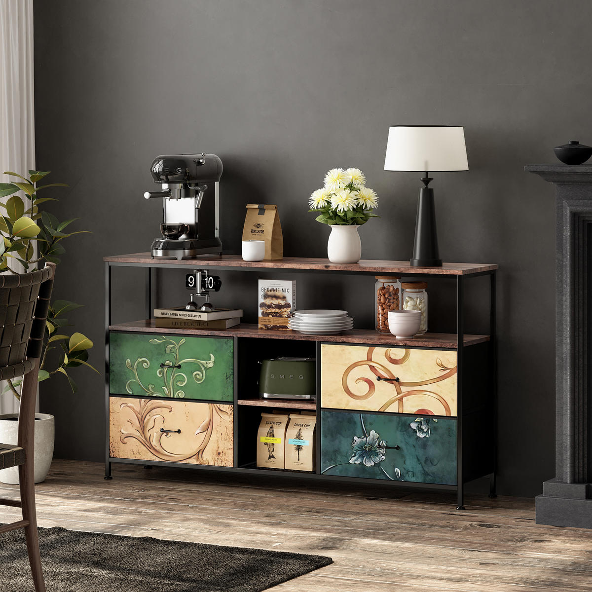 TV-SCHRANK 137 CM - Tigerholz-Optik mit Tigerholz-Stoffschubladen - Multicolor, Holz (30/78/137cm)
