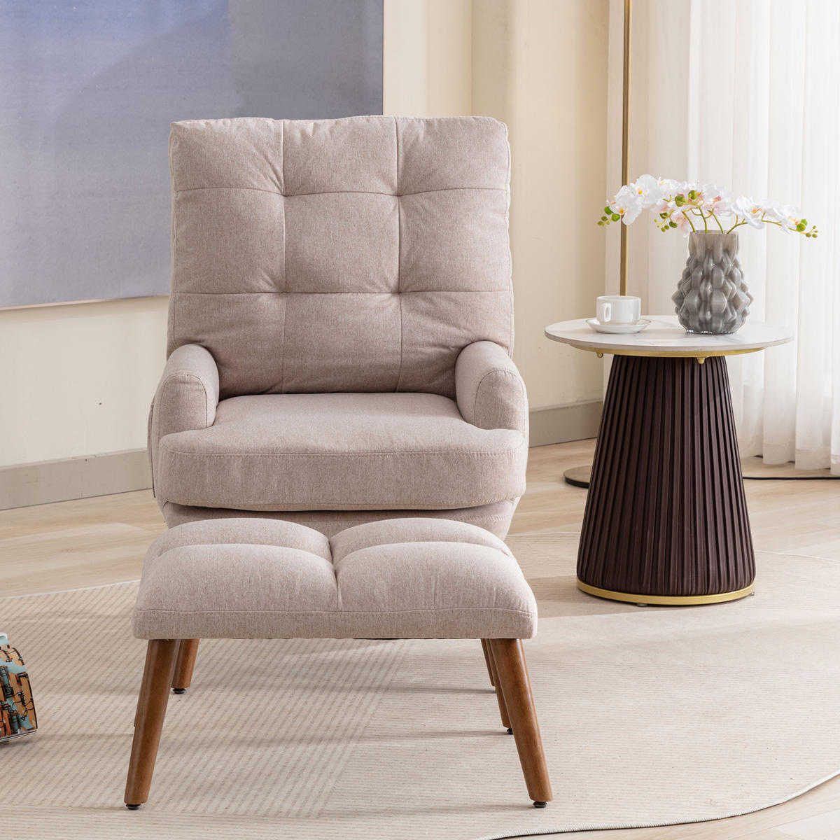 RELAXSESSEL Stoff Beige mit Fußhocker, Seitentasche und verstellbarer Rückenlehne - Beige, Holzwerkstoff/Textil (66/96.5/60cm) - WISHDOR