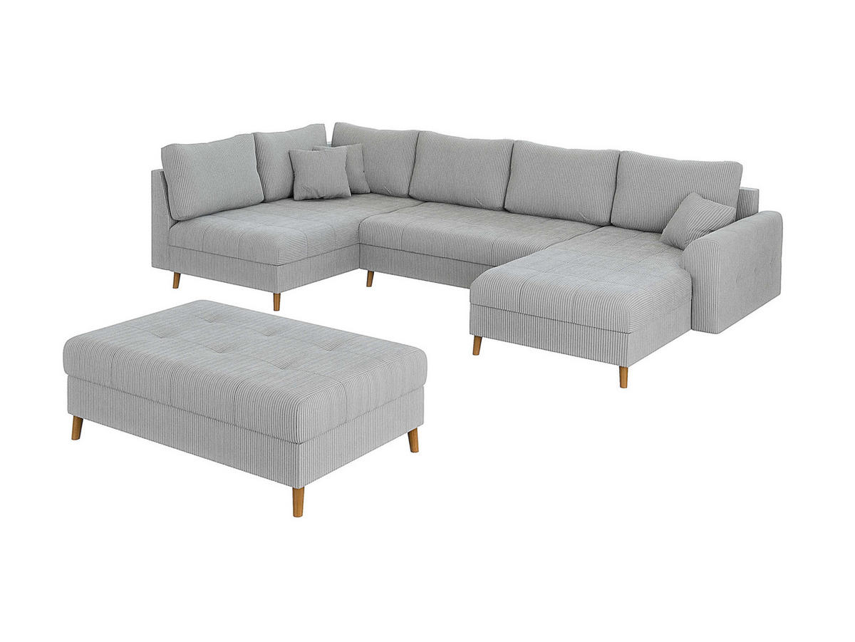 WOHNLANDSCHAFT inkl. Hocker Alma Hellgrau Cord - Hellgrau/Braun, Holz/Textil (310/81/161cm) - S-Style Möbel