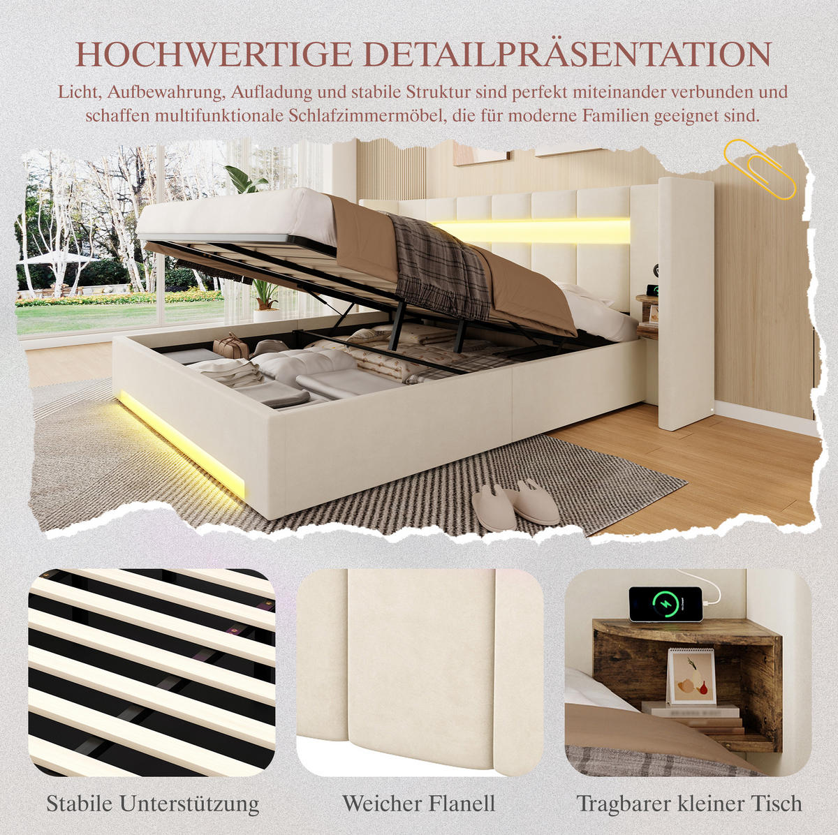 BETT mit Stauraum und USB 160x200 cm Samt Beige - Beige, Metall (160/200cm) - Meubliv
