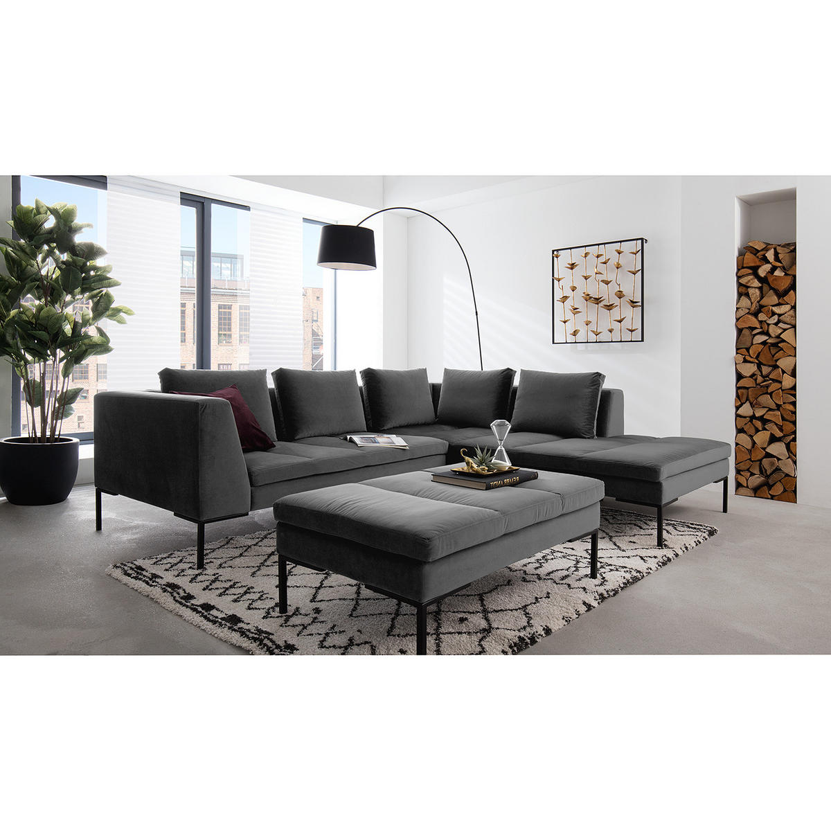 ECKSOFA mit Ottomane - Schwarz/Grau, Textil/Metall (255/230cm) - home24