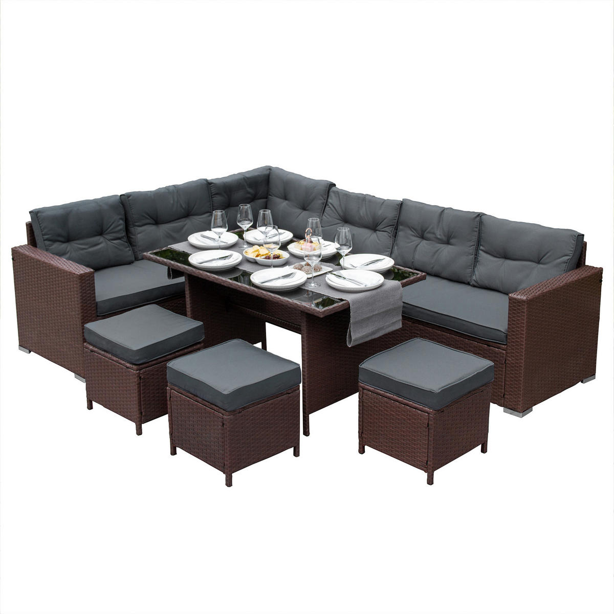 RATTAN-ECKGARNITUR 9-Sitzer - Braun, Kunststoff - Monstershop