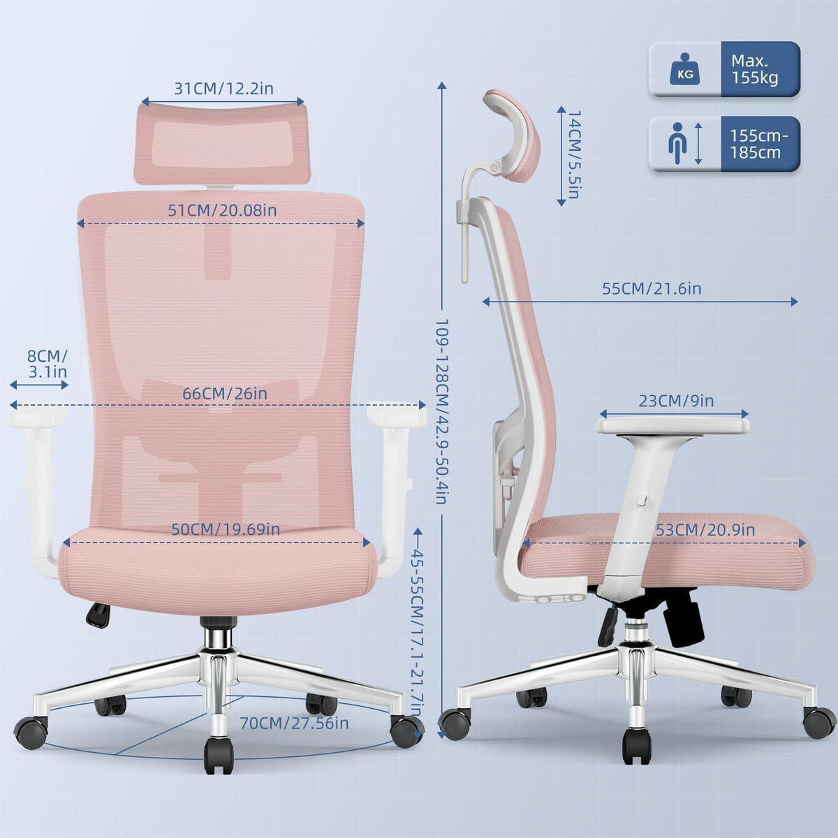 BÜROSTUHL Ergonomisch mit Lendenwirbelstütze Rosa - Rosa, Textil (70/128/70cm)
