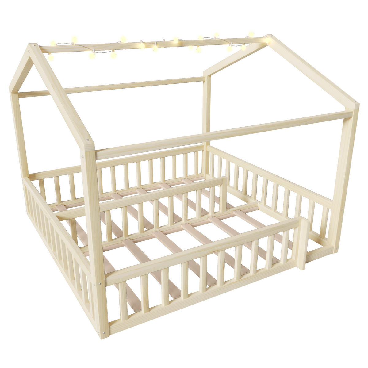 KINDERBETT 90/190 cm & 180/190 cm in Natur mit LED und Gitter Kiefernholz Hausbett - Naturfarben, Holzwerkstoff (90/190cm) - STILVORA