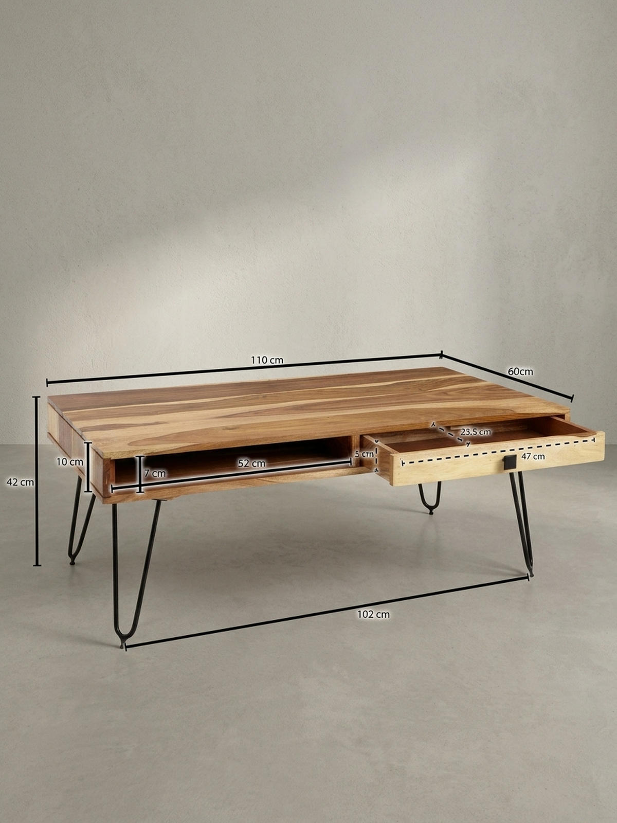 COUCHTISCH BALU mit Schubfächern aus Massivholz und Metallfüßen, leichter Aufbau, Beige 110x60x60 cm - Beige/Schwarz, Holz/Metall (60/110/60cm) - KADIMA DESIGN