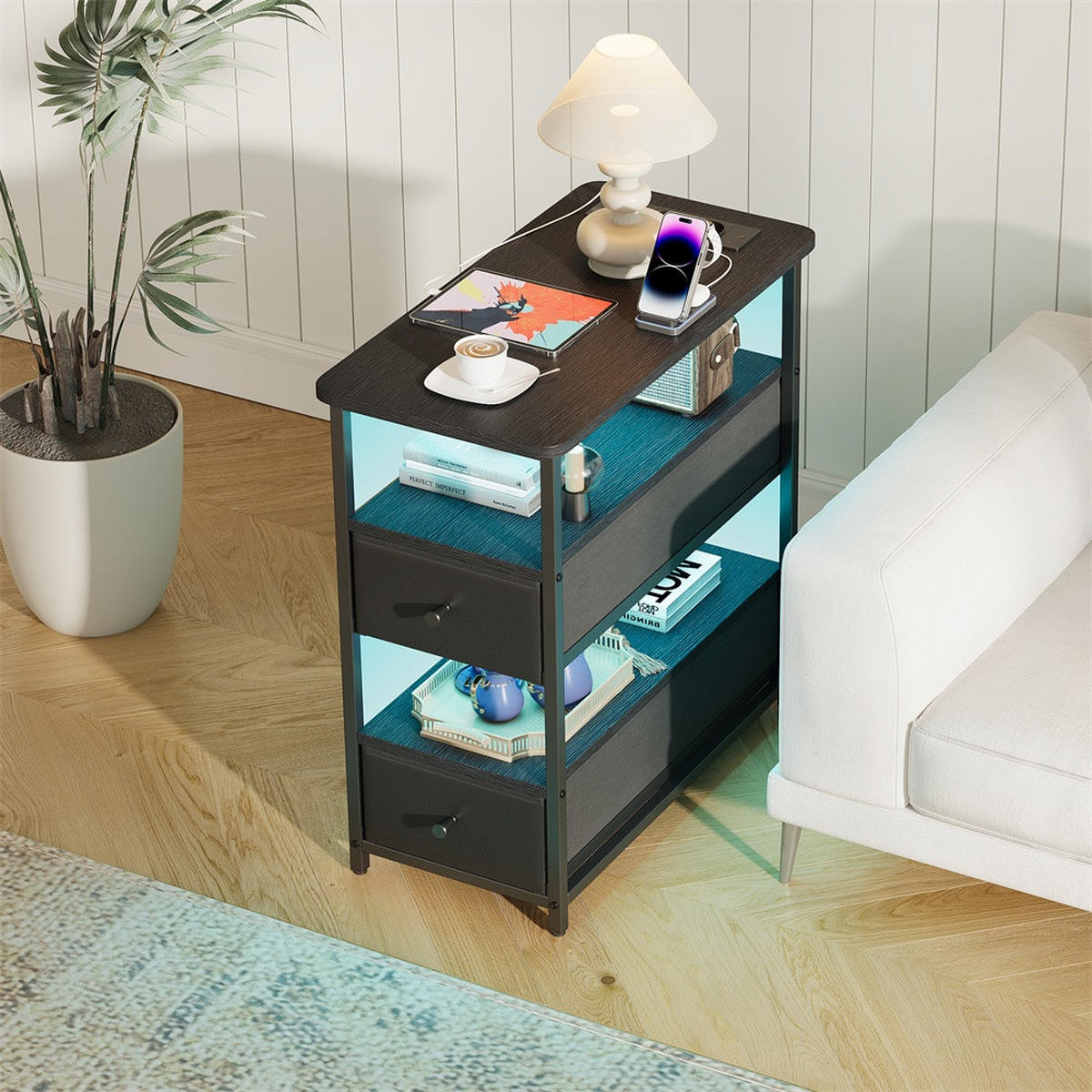 NACHTTISCH mit Ladestation & LED Beleuchtung - Schmaler Nachttisch mit offene Ablagen & 2 Schubladen - Schwarz - Schwarz, Holzwerkstoff (28/60.5/58cm) - DELFA