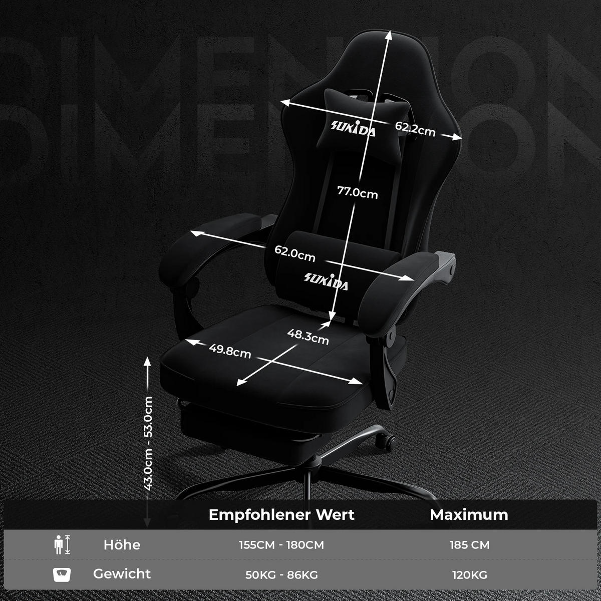 GAMINGSTUHL mit Fußstütze & Lendenkissen Ergonomisch Schwarz - Schwarz, Metall (62.2/180/48.3cm) - Kaket