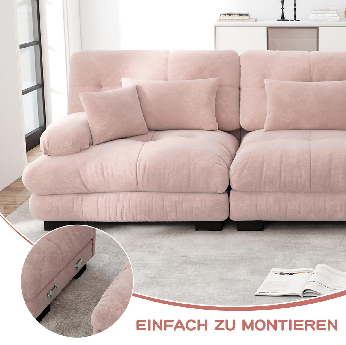 MODULARES Ecksofa mit Tiefensitz, weicher Chenille-Bezug und Cloud-Komfort, Pink - Pink, Textil (406/77cm) - Redom