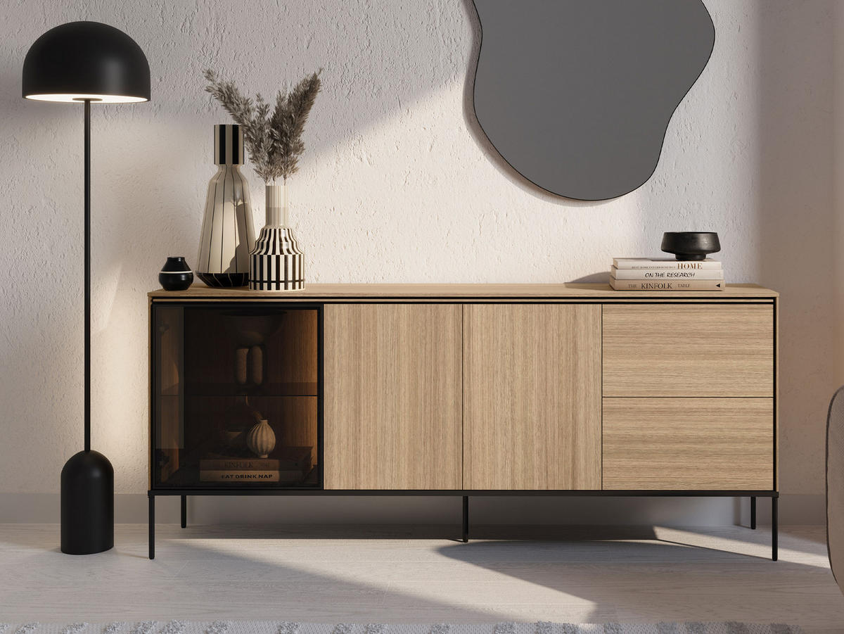 SIDEBOARD 2D1W2S Visso VI-06 - Eichefarben/Schwarz, Holzwerkstoff/Metall (201/85/41cm) - MIRJAN24