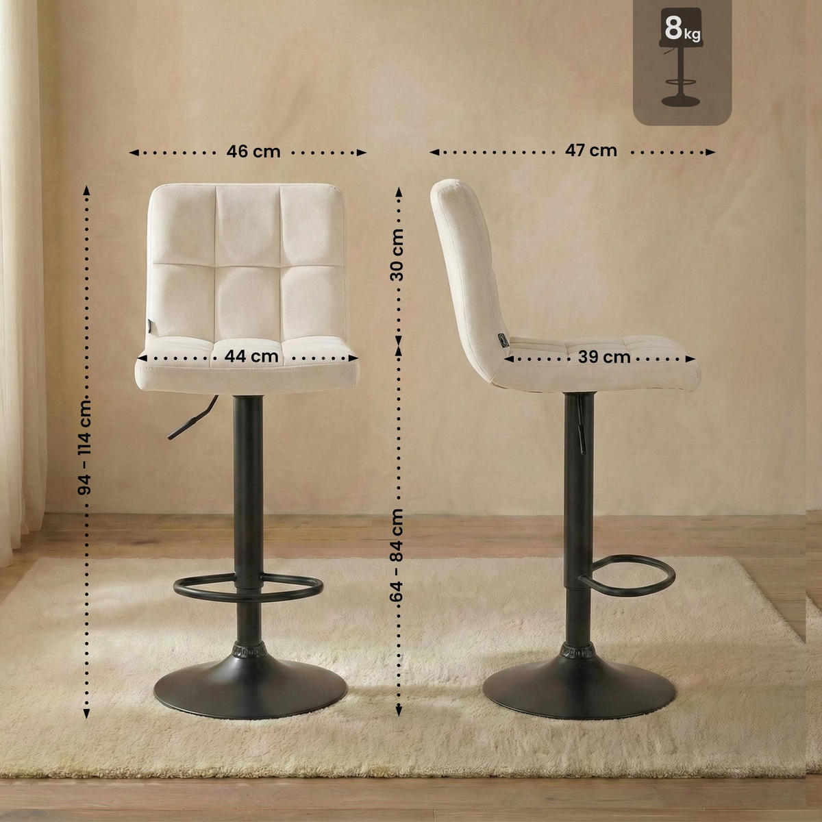 BARHOCKER Samt Creme - Creme/Schwarz, Textil/Metall (46/94/47cm) - CLP
