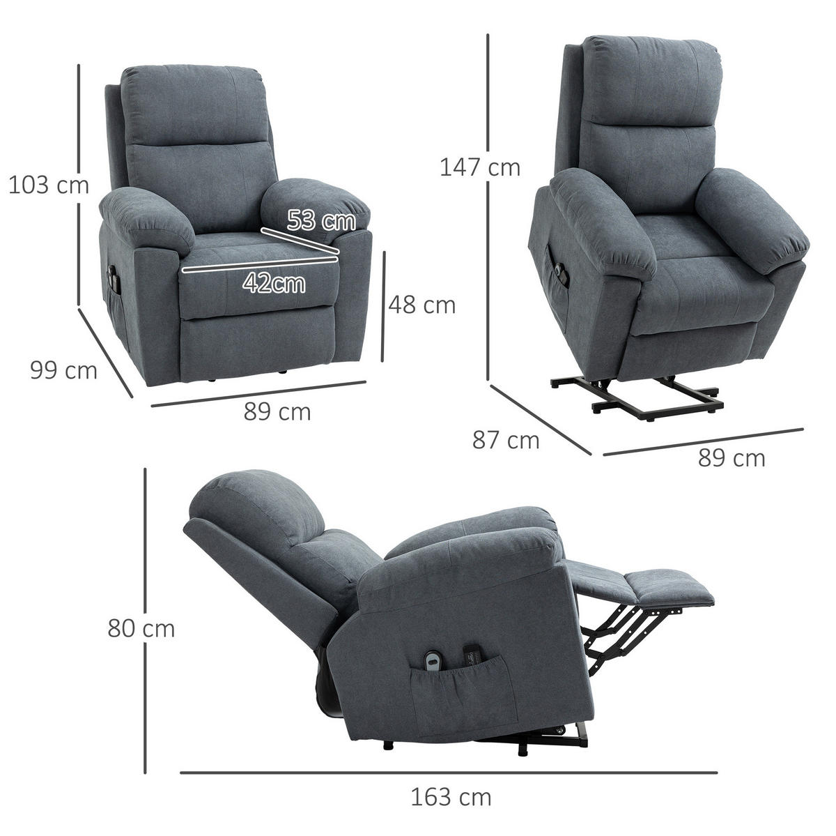 MASSAGESESSEL in Grau 99x89x103 cm mit Aufstehhilfe und 8 Vibrationsmotoren - Grau, Textil (89/103/99cm) - IVMEU