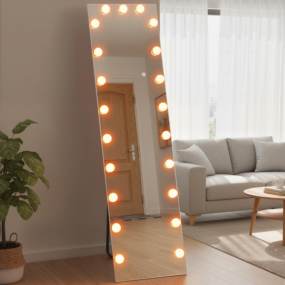 GANZKÖRPERSPIEGEL 150x40 cm RGB-LED Standspiegel mit 21 Glühbirnen 7 Lichtfarbe - Transparent, Glas (5.7/150/40cm) - HOMCOM