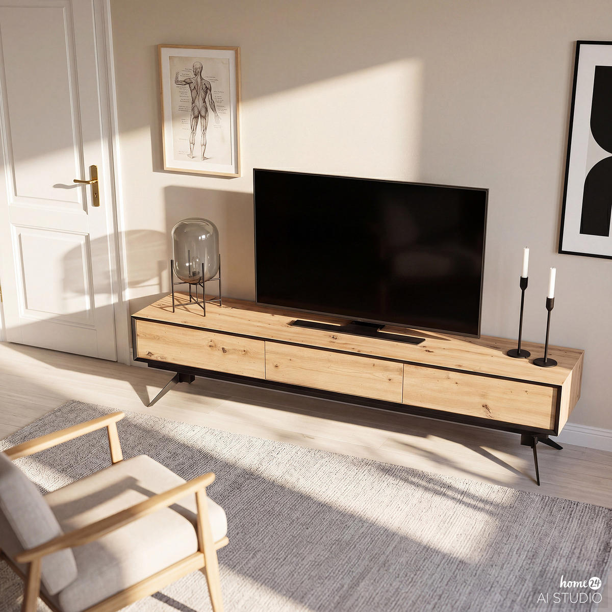 TV-LOWBOARD - Eiche Dekor / Schwarz - Eichefarben/Schwarz, Holzwerkstoff/Metall (200/46/40cm) - home24