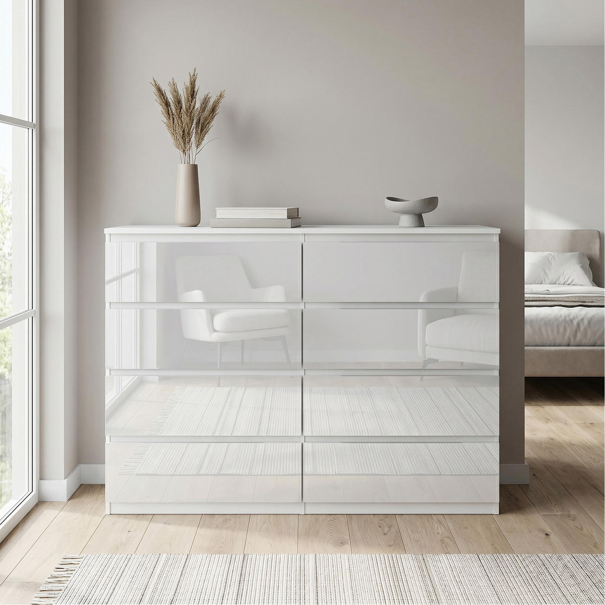 KOMMODE NUDO 120/101,5/39cm mit 8 Schubladen Türen Weiß - Weiß Hochglanz/Weiß, Holzwerkstoff (120/101.5/39cm) - MASSENO