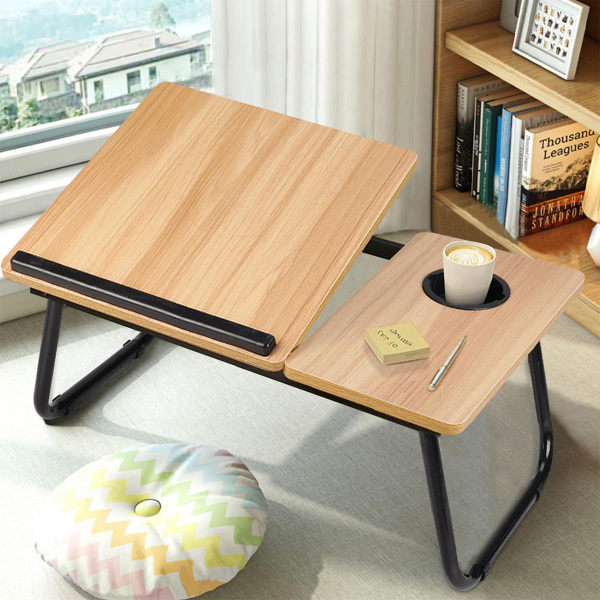 LAPTOPTISCH Betttisch 5-fach verstellbare Neigung mit Getränkehalter aus MDF in Naturholzoptik Verstellbarer klappbarer 56x32,5x24 cm - Naturfarben, Metall (32.5/56/24cm) - Livingandhome