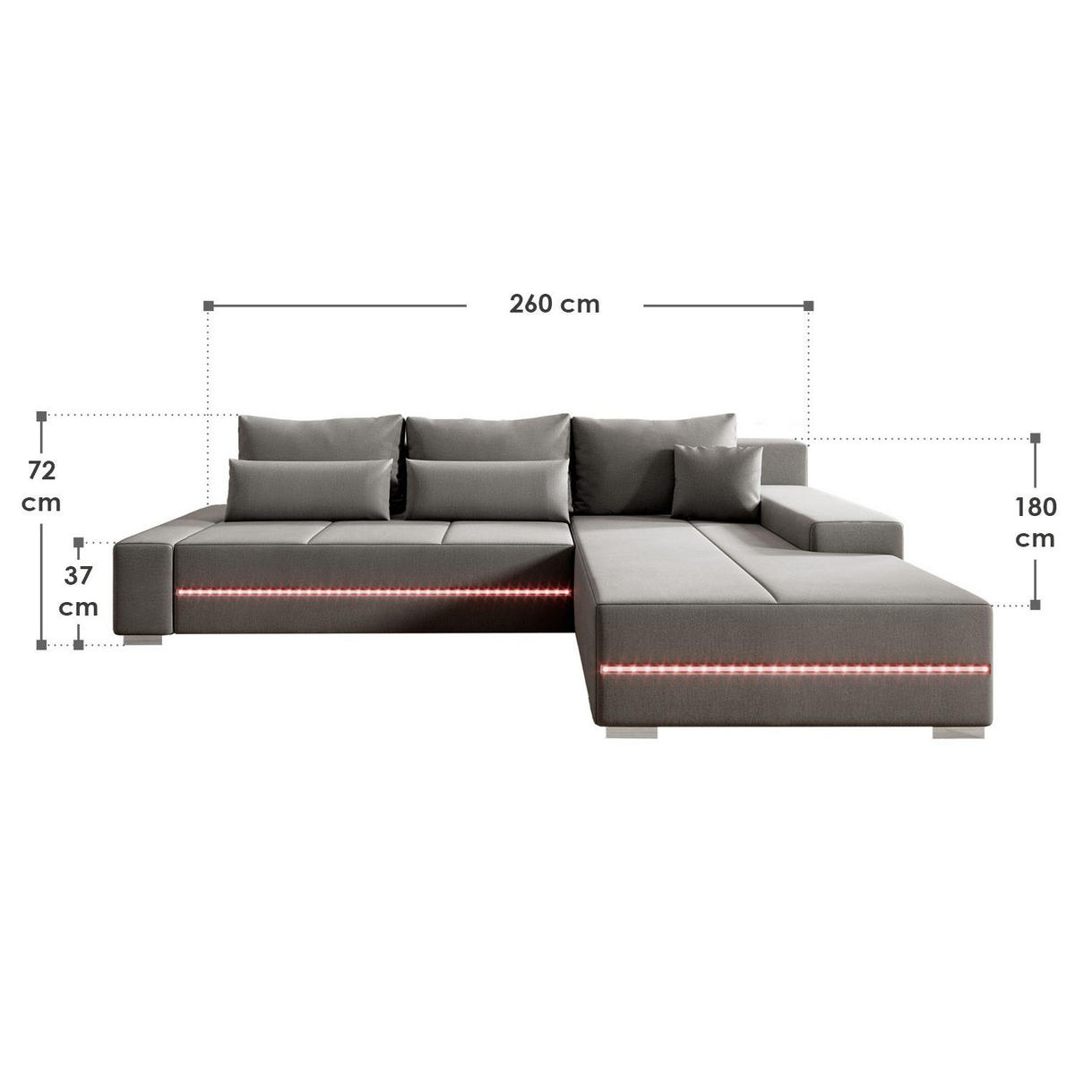 SOFA Davos mit Ottomane rechts hellgrau inkl LED - Hellgrau, Textil (260/180cm) - Juskys