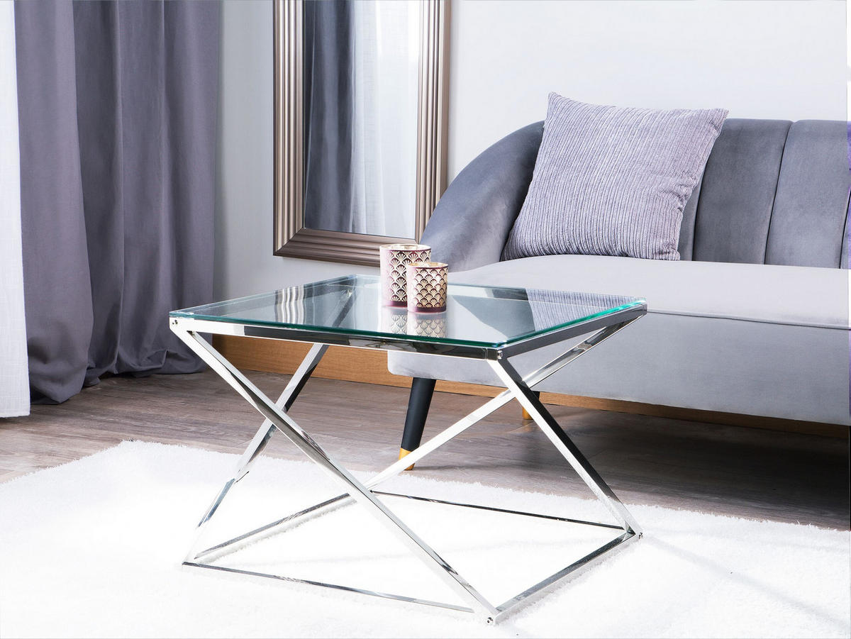 COUCHTISCH Glas Silber quadratisch 60/60 cm Beverly - Transparent/Silberfarben, Glas (60/60/45cm) - Beliani