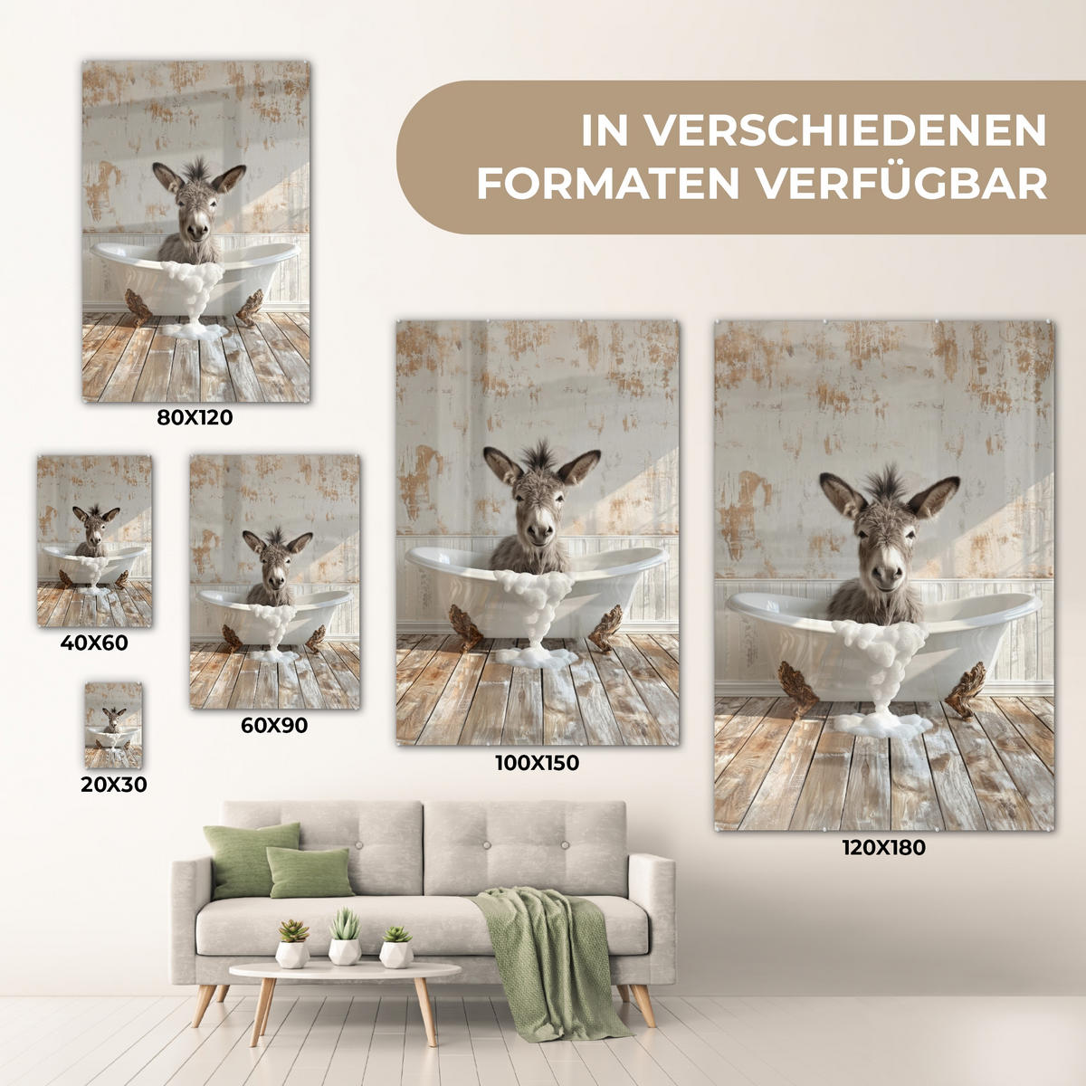 ACRYLGLASBILD Esel - Tiere - Badewanne - Schaumstoff 40x60 cm - Weiß, Glas (40/60cm) - MuchoWow