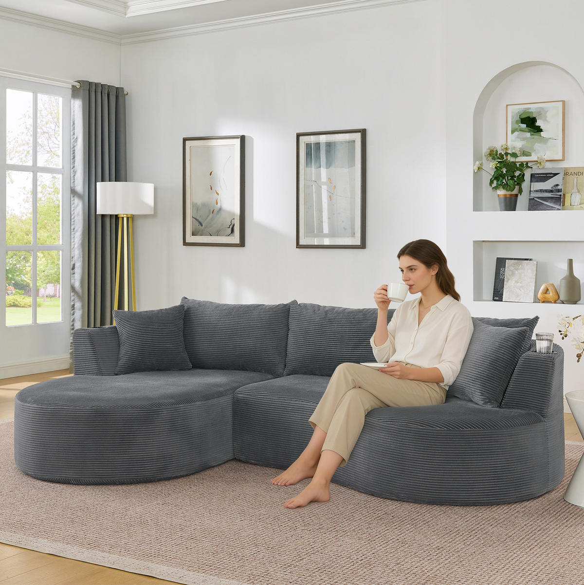 SOFA 3-Sitzer bogenförmig Kordstoff Grau mit Getränkehaltern - Grau, Textil (168/264cm) - Meubliv