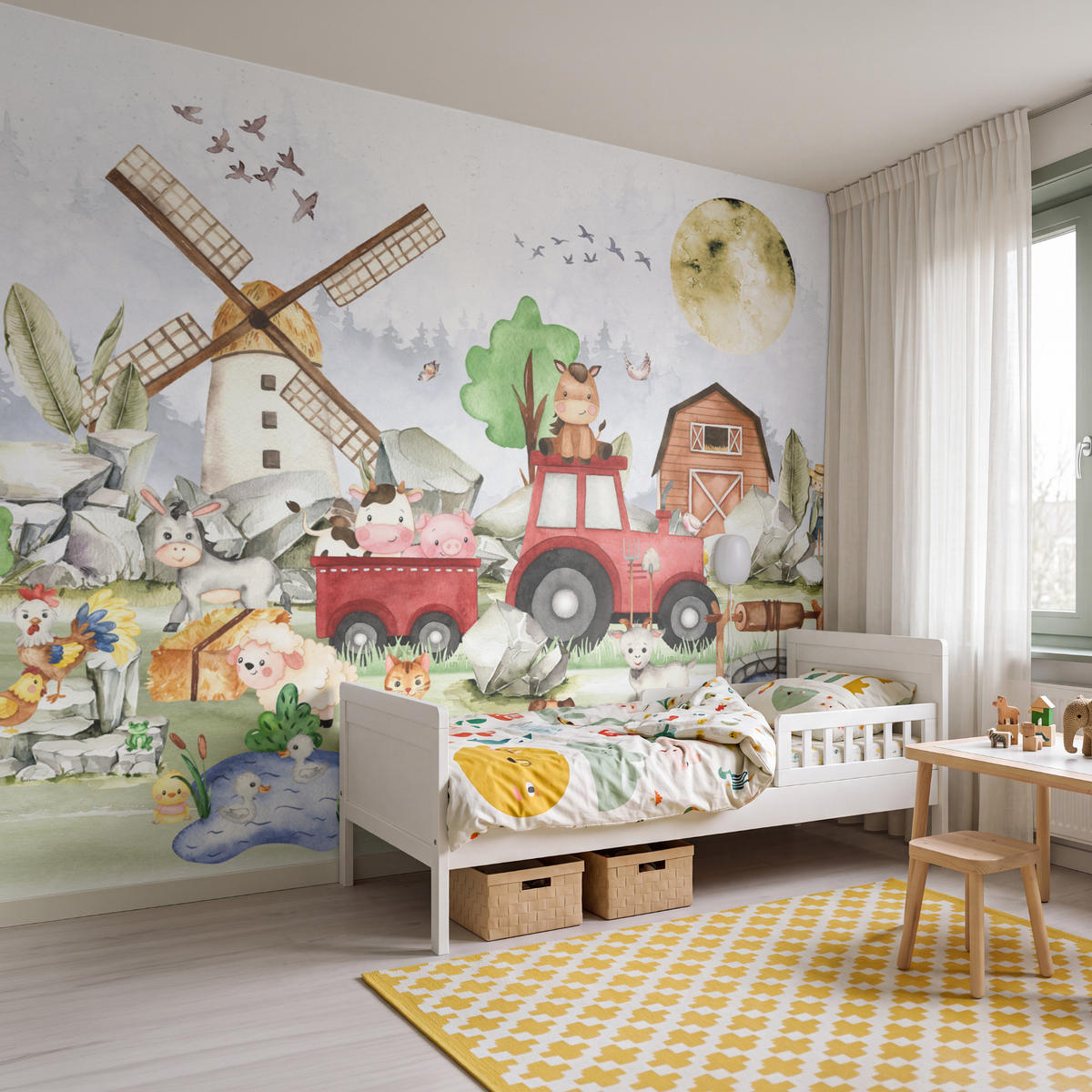 KINDERTAPETE - Bauernhof - Traktor - Kinder - Tiere - 350x260 cm - Weiß, Papier (350/260cm) - OnlyWow