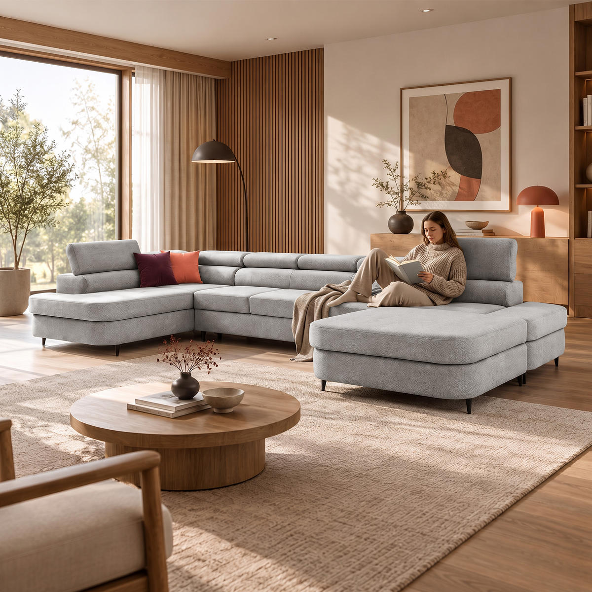 ECKSOFA U-Form PRIAM MAXI U Links mit Schlaffunktion 125x317 Velours Hellgrau - Hellgrau/Schwarz, Holz/Textil (203/91/400cm) - Muffo